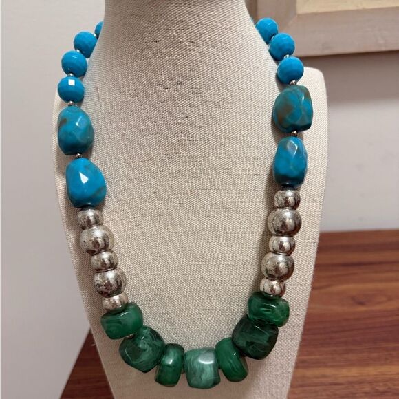 Statement Necklace with Green, Turquoise & Silvertone Acrylic Beads. - Picture 1 of 5